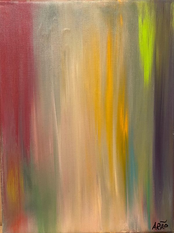 Silêncio von Arão Pinto – abstraktes Gemälde mit vertikal verlaufenden, weich ineinander übergehenden Farbschichten in Beige, Grün, Gelb, Rot und Violett. Die transparent wirkenden Übergänge und feinen Lichtakzente erzeugen eine stille, schwebende Atmosphäre.