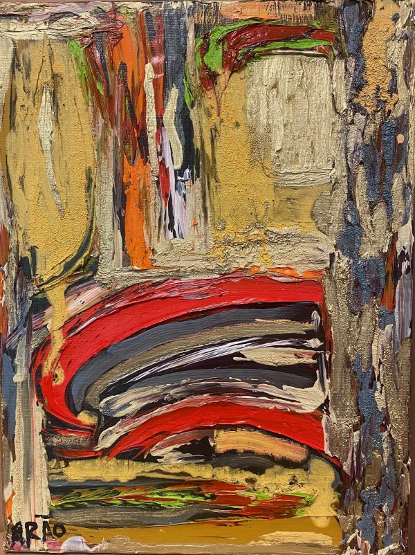 Pulso Mineral von Arão Pinto – abstraktes Gemälde mit stark pastosen Farbschichten in Rot, Ocker, Beige, Schwarz und Grün. Verdichtete, reliefartige Strukturen und geschwungene rote Formen erzeugen eine kraftvolle, mineralisch wirkende Komposition mit spürbarer Bewegung.