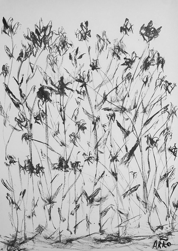 Traços ao Vento von Arão Pinto – abstrakte Schwarz-Weiß-Zeichnung mit dynamischen, überlagernden Linien, die an hohe Gräser oder Pflanzen erinnern, die sich im Wind bewegen. Die Striche steigen aus einer dunkleren Basis nach oben und erzeugen eine leichte, rhythmische Bewegung.