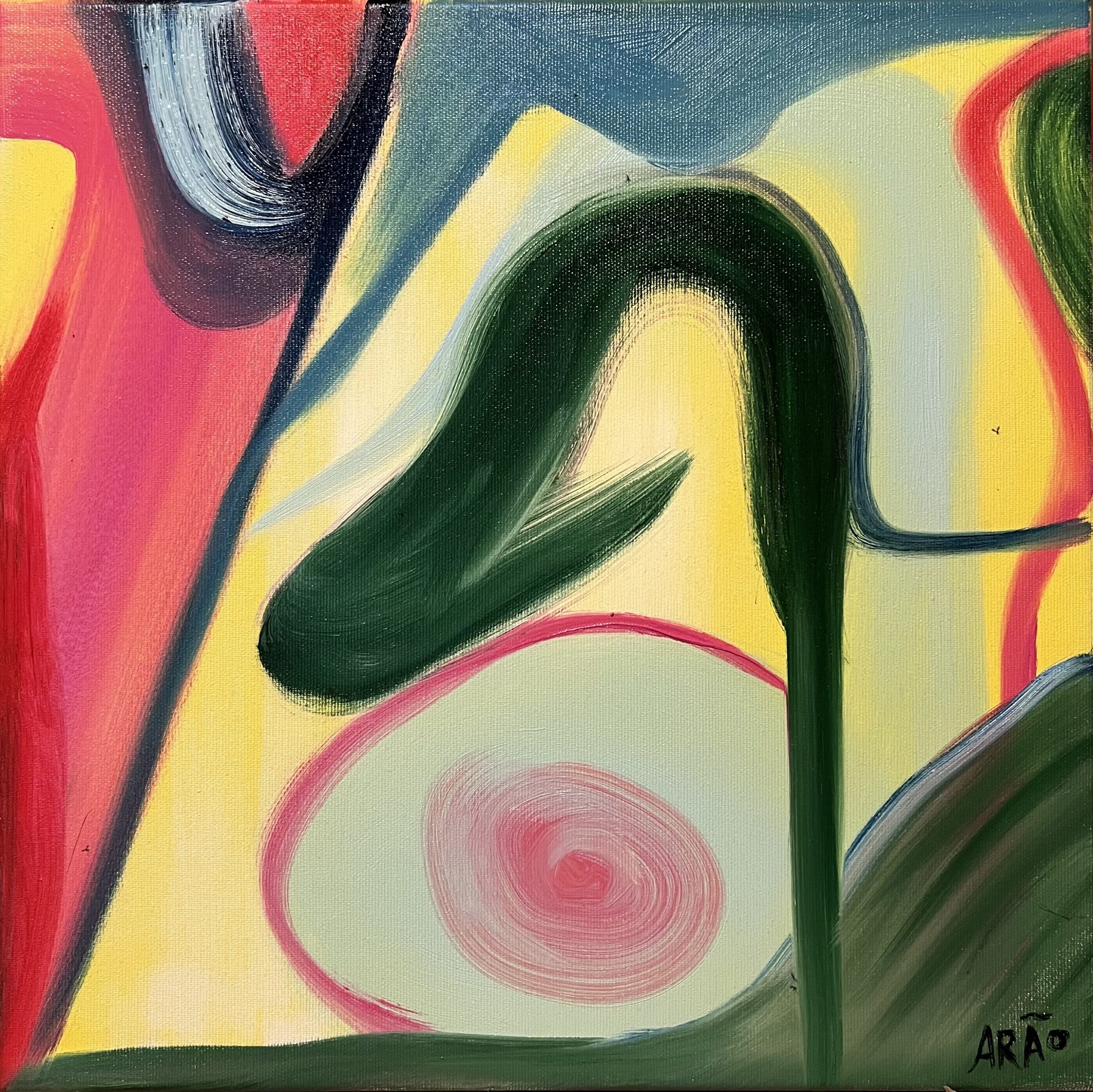 Forma que Desperta von Arão Pinto – abstraktes Gemälde in Öl auf Leinwand (40 × 40 × 4 cm, 2026) mit organischen, fließenden Formen in Grün, Gelb, Rosa und Rot. Eine zentrale grüne Form wirkt wie ein wachsender Impuls, umgeben von weichen Farbverläufen und geschwungenen Linien.