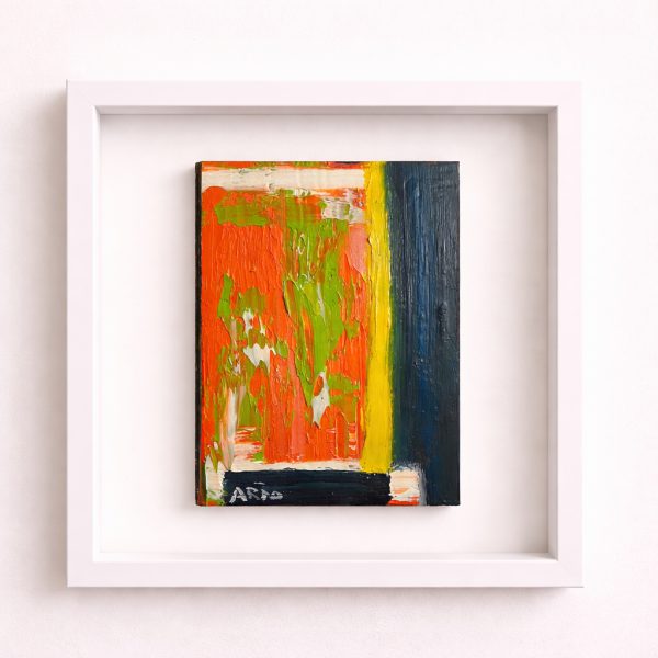 Foto eines gerahmten Kunstwerks „LIVRO COLORIDO“ von Arão Pinto an weißer Wand mit abstrakten Orange-, Grün- und Blautönen.