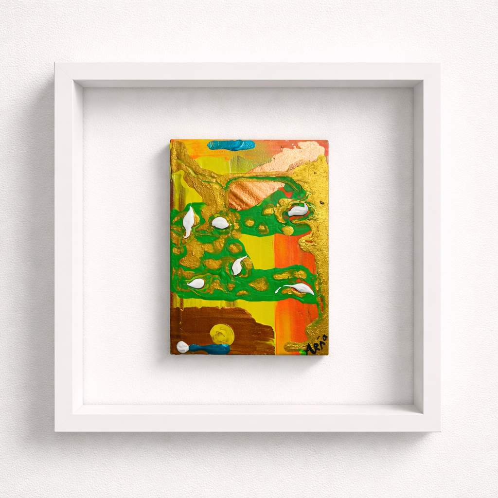 Foto eines gerahmten Kunstwerks „LIVRO DA SABEDORIA“ von Arão Pinto an weißer Wand in Gold, Grün und Orange.