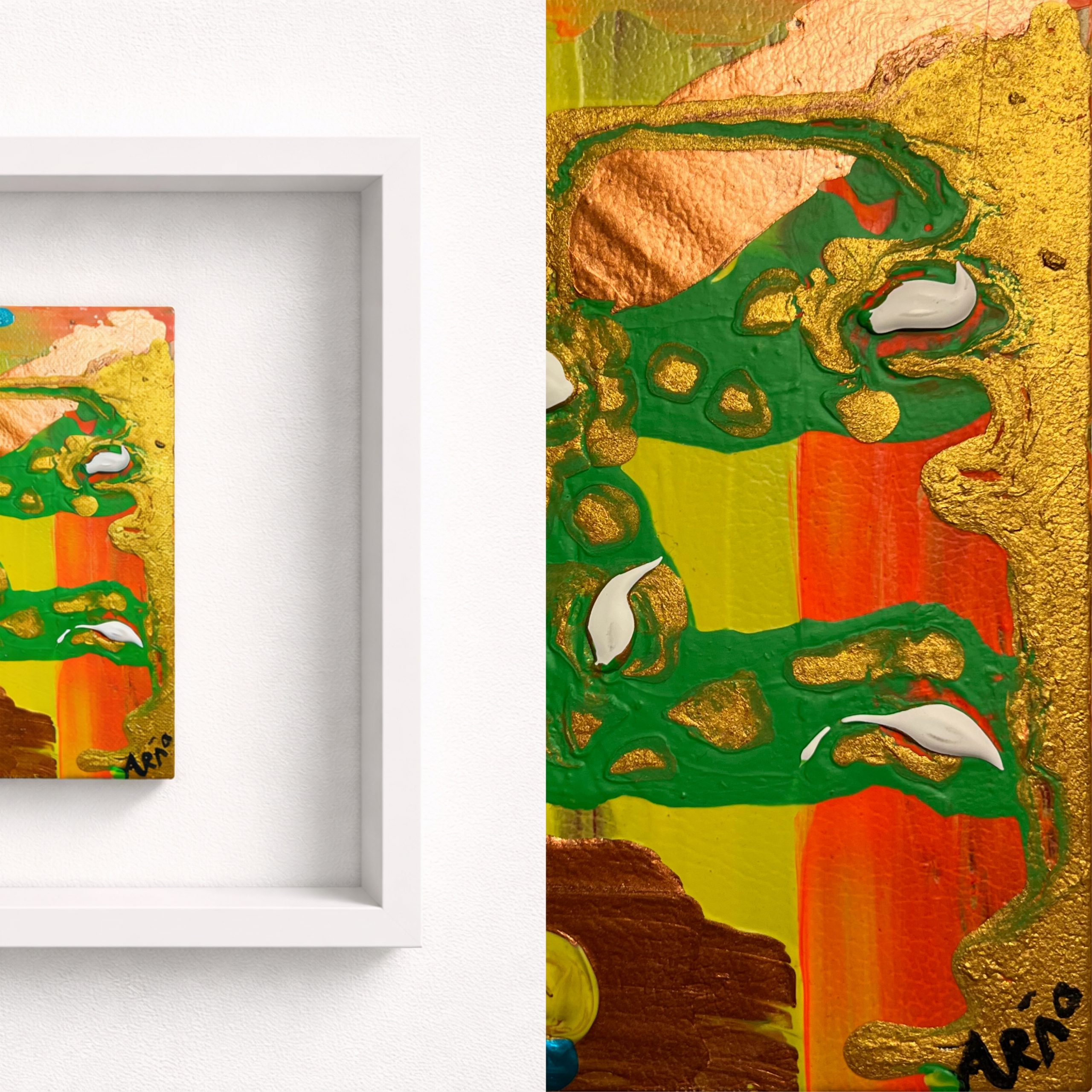 Detailfoto des gerahmten Kunstwerks „LIVRO DA SABEDORIA“ von Arão Pinto mit goldenen, grünen und orangenen Strukturen.