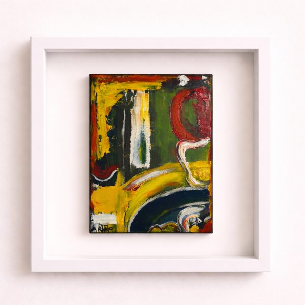 Foto eines gerahmten Kunstwerks „LIVRO ENCANTADO“ von Arão Pinto an weißer Wand mit kräftigen Gelb-, Grün- und Rottönen.