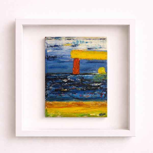 Foto eines gerahmten Kunstwerks „LIVRO ARTE E PAIXÃO“ von Arão Pinto an weißer Wand in Blau-, Gelb- und Rottönen.